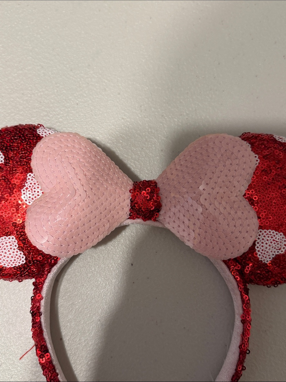 Disney Valentines Red Sequin Minnie Ears Headband with Pink Heart Bow - Picture 3 of 3